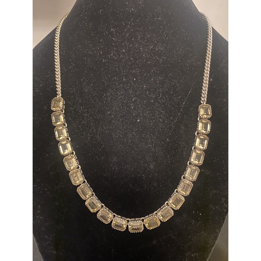 Vtg Signed Fossil Gold Tone Emerald Cut Smokey Topaz Amber Rhinestone Necklace - Picture 2 of 5